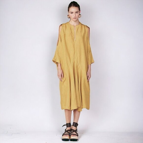 CALLAS MILANO SLEEVE POCKET MIDI DRESSES Linen Kaftan Mustard Yellow OS Kaftan - Picture 1 of 14